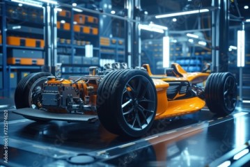 Futuristic electric sport fast car chassis and battery packs with high performance. Generative AI.