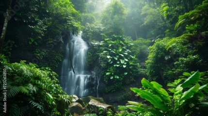A lush rainforest with a hidden waterfall.