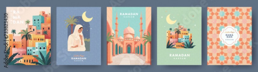 Ramadan Kareem Set of posters, cards, holiday covers. Arabic text mean Ramadan Kareem. Modern design in pastel colors with pattern, mosque, old city, moon and stars, beautiful woman at the arch window