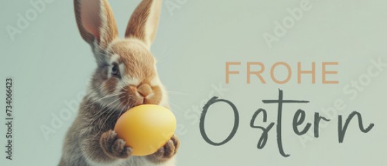 Frohe Ostern Konzept Feiertag Grußkarte mit deutschem Text - Süßer kleiner Osterhase, Kaninchen hält ein Osterei in seinen Pfoten, isoliert auf türkisem Hintergrund