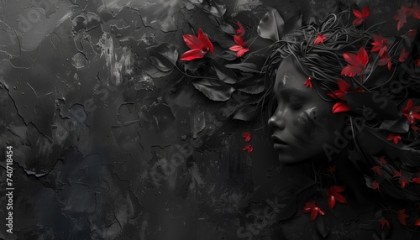 Abstract black background, 3d rendering of a black woman with red flowers on black textured background