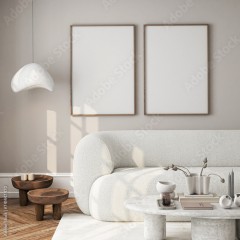 Frame mockup, ISO A paper size. Living room wall poster mockup. Interior mockup with house background. Modern interior design. 3D render 