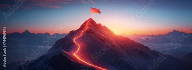 Concept of step-by-step achievement of goals. Glowing path leading to success and achievements concept with flag on peak of mountain. Ad poster for business the presentation.