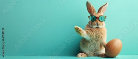 Happy easter concept holiday animal greeting card - Cool Easter bunny with sunglasses leans on a large easter egg, isolated on aquamarine background