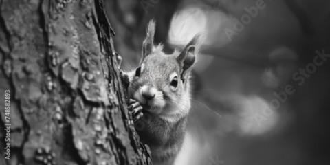 A black and white photo of a curious squirrel peeking out of a tree. Great for nature and wildlife themes