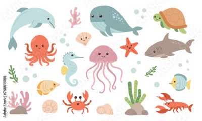 Sea creatures set isolated on white background. Sea animals and fishes. Marine elements. Cute flat style.