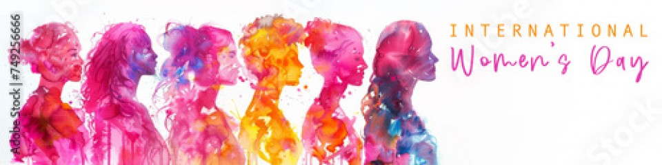Happy international women's day concept, 8th March 2024 greeting card with text - Watercolor painting silhouette of beautiful women in their diversity, isolated on white background banner panorama