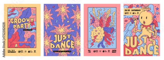Music posters. Groovy party. Just dance. Birthday sticker. Happy Asian doodle comic style character for modern event. Paint abstract shapes. Psychedelic fun design. Vector banners set