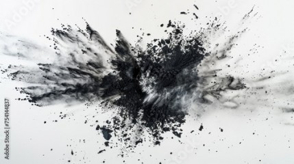 Explosion of black powder against white background capturing dynamic motion. High-speed photography technique revealing texture and detail.