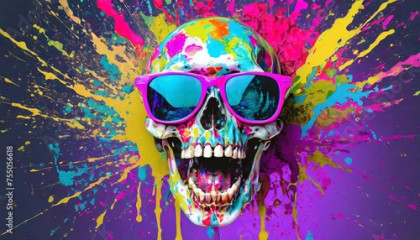 Vibrant pop art style portrait of a skull wearing sunglasses with mouth open and paint splattering effect. AI generated wallpaper.