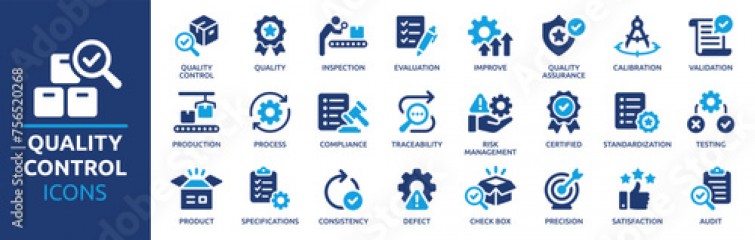 Quality control icon set. Containing inspection, evaluation, product, quality assurance, process, testing and more. Solid vector icons collection.