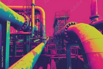 A vibrant photograph showcasing a multitude of colorful pipes found within a factory setting, A pop-art depiction of neon-colored industrial pipelines, AI Generated