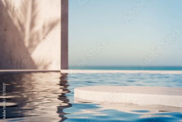 Podium stand in luxury swimming pool water with sea and sunset view. Summer background of tropical design product placement display. Hotel resort poolside backdrop.