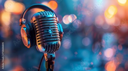 Vintage microphone with headphones set against a bokeh background in a music studio