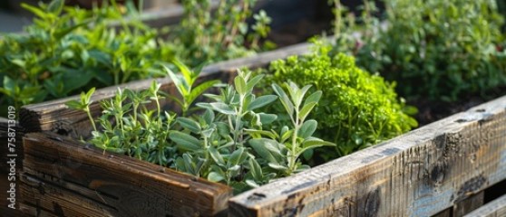 Close up of fresh medicinal herbs, in wooden raised bed in garden