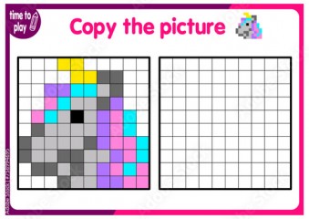 Copy the image and add the grid image. Study sheets showing squares. Preschool coloring pages, children's games. Pixel cartoon, vector illustration. unicorn. animal