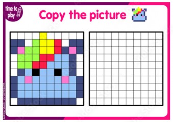 Copy the image and add the grid image. Study sheets showing squares. Preschool coloring pages, children's games. Pixel cartoon, vector illustration. hippopotamus animal