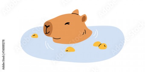 Relaxing capibara characters lying down with lemons. Happy capy animal, lazy rodent resting, enjoying. Flat vector illustration isolated on white background