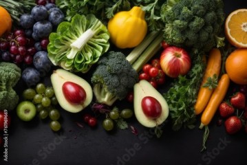 top view assorted colorful fruits and vegetables. background vegetable banner.