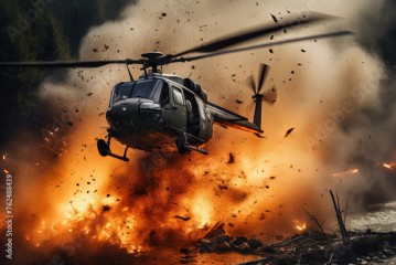 Action shot with helicopter hovering in the air over flame and explosions. Dynamic scene in action movie blockbuster style.