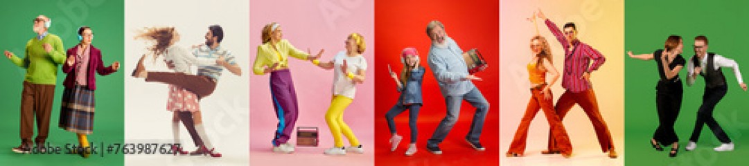 Collage made of men and women of different age, young and seniors dancing different kind of dance against multicolored background. Concept of human emotions, diversity, youth, happiness