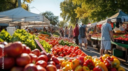 An early morning farmers market scene, bustling with vendors and customers, fresh produce on display, capturing the essence of local commerce and community. Resplendent.