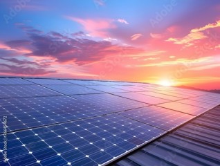 A solar panel array is shown against a beautiful sunset sky