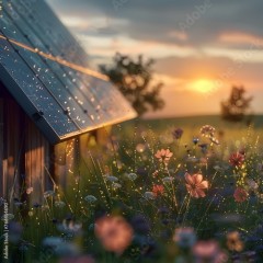A solar panel is shown in a field of flowers