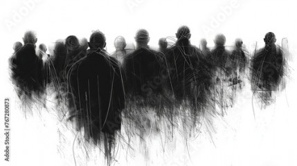 The black and white drawing shows a crowd of people and we can only see their backs. The concept of depersonalization of the masses, as all people are gray and stand densely in space. Illustration.