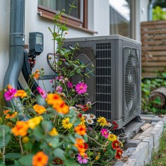 A large air conditioner sits in front of a colorful flower garden. The flowers are in full bloom, creating a vibrant and lively atmosphere