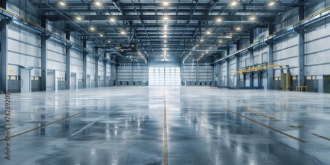 A large, empty warehouse with a lot of light shining on the floor. The space is very open and empty, with no people or objects visible. Scene is one of emptiness and solitude