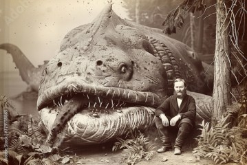 Old unexplained vintage photograph of fisherman posing with a giant mysterious sea creature.