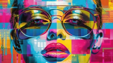 An electrifying pop art style portrait featuring a woman with reflective sunglasses, merging vibrant colors and urban textures.