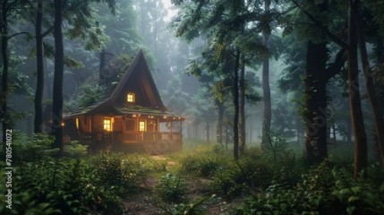 A wooden cottage in the middle of a foggy forest