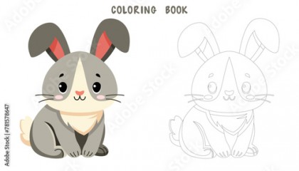 Coloring book of cute little rabbit. Coloring page of cute animal isolated on white background. Flat vector illustration.