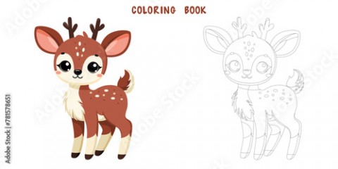 Coloring book of cute happy deer, little sarna, funny roe. Coloring page of cute autumn forest animal isolated on white background. Flat vector illustration.