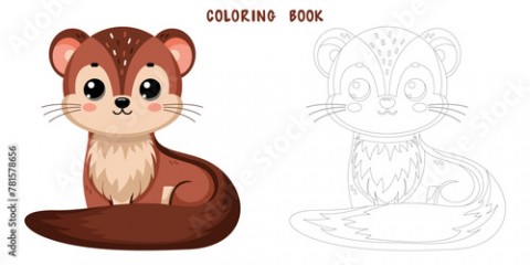 Coloring book of cute happy marten, little funny weasel. Coloring page of cute autumn forest animal isolated on white background. Flat vector illustration.