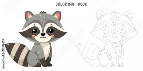 Coloring book of cute happy little funny raccoon. Coloring page of cute autumn forest animal isolated on white background. Flat vector illustration.