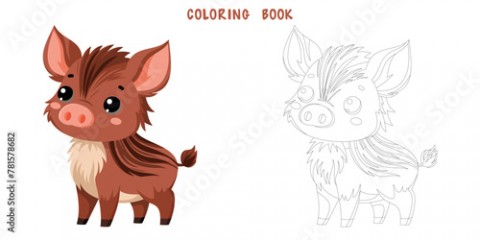 Coloring book of cute happy wild boar, little boar, funny aper. Coloring page of cute autumn forest animal isolated on white background. Flat vector illustration.