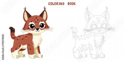 Coloring book of cute happy lynx, little funny bobcat. Coloring page of cute autumn forest animal isolated on white background. Flat vector illustration.