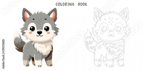 Coloring book of cute happy little funny wolf. Coloring page of cute autumn forest animal isolated on white background. Flat vector illustration.