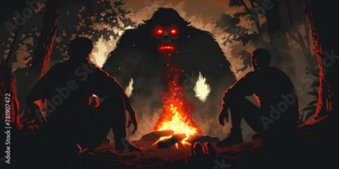 Young men sitting around the campfire with a bigfoot monster watching from the deep dark woods. Scary sasquatch story.
