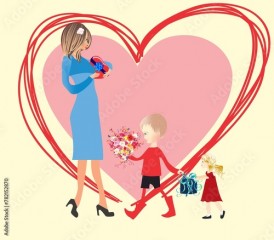  Mother's Day composition with a red heart, children and flowers