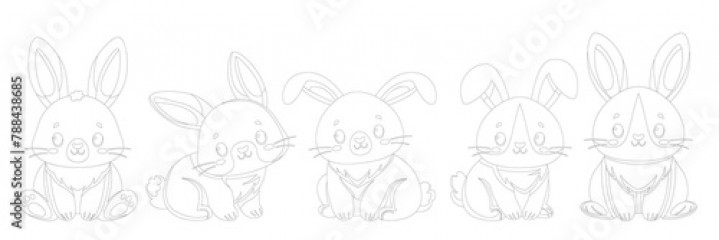 Coloring book of collection of cute little rabbits. Coloring page of animals for wallpaper, childrens clothes and toys. Flat vector illustration isolated on white background. Happy Easter Celebration.