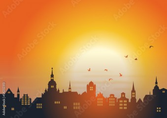 Eine Altstadtkulisse im Sonnenuntergang mit Vogelschwarm, Vektor