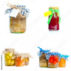 various preserved food isolated on white background