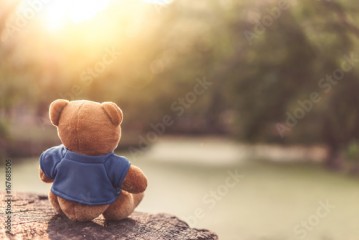 Close up lovely brown teddy bear sitting on grass field with lens flare. Retro and vintage style
