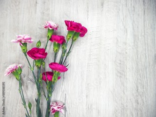 Flowers of carnations on a wooden light background