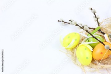 Wielkanoc - Kolorowe pisanki i bazia - białe tło