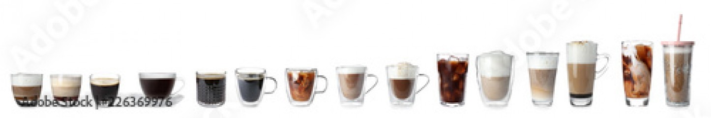 Set with different types of coffee drinks on white background